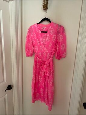 Bright Pink Floral Midi Dress with Tie Waist